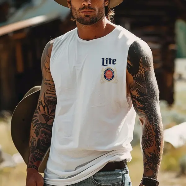 Men's Vintage Western Cowboy Rodeo Surfing Graphic Print Round Neck Sleeveless Muscle Tank Top - Wayrates.com 