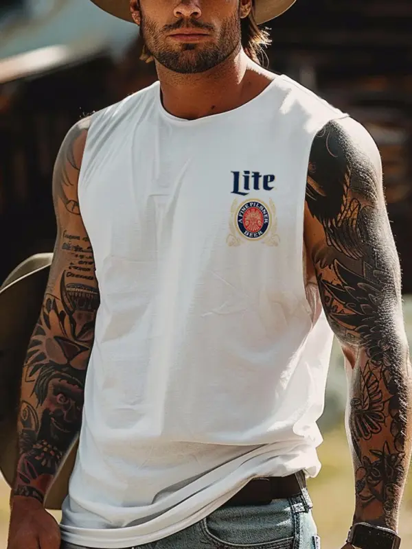 Men's Vintage Western Cowboy Rodeo Surfing Graphic Print Round Neck Sleeveless Muscle Tank Top - Wantbright.com 
