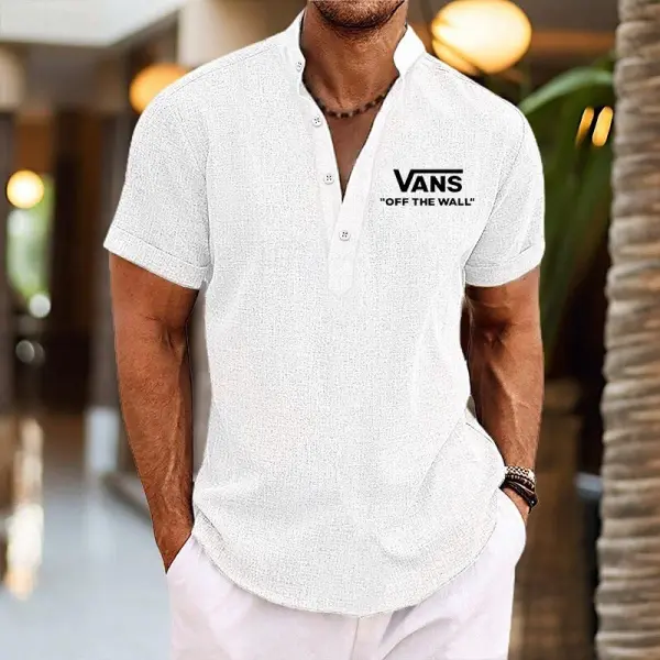 Men's Linen Surf Off The Wall Print Summer Beach Wear Vacation Casual Short Sleeve Henley Shirt - Wayrates.com 