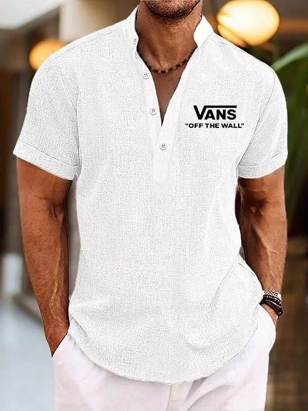 Vans Men's Linen Surf Off The Wall Print Summer Beach Vacation Henley Shirt - Menwyx.com 