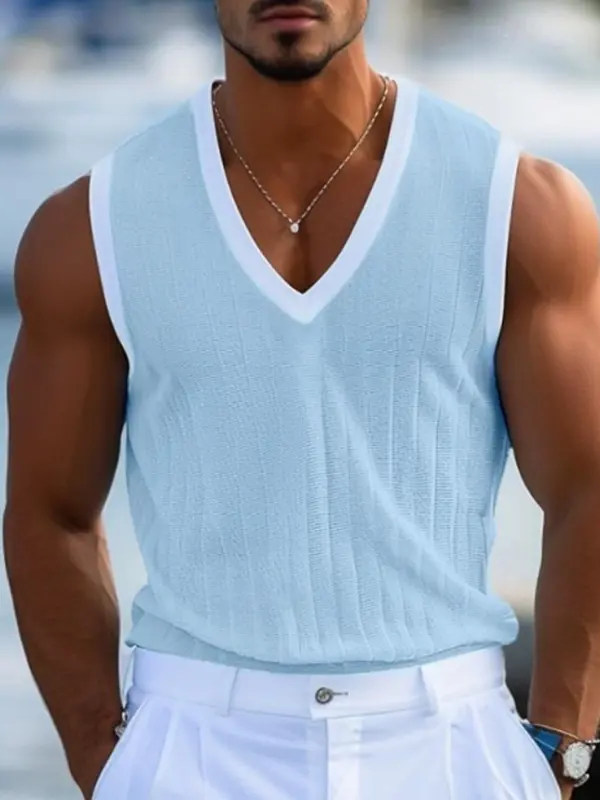 Men's Vintage Light Blue Knitted Vest With White Trim - Pragmaace.com 