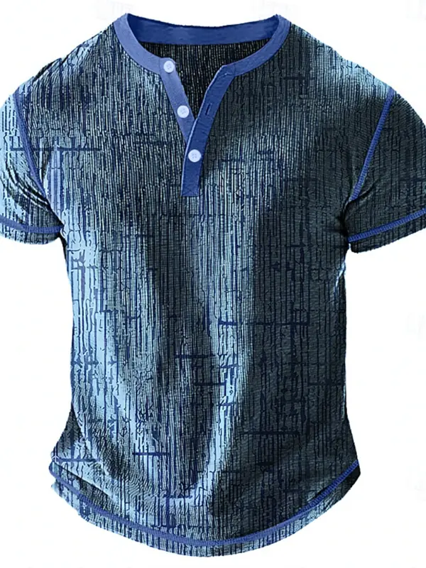 Men's Vintage Blue Gradient Henley T-Shirt With Functional Fabric - Wantbright.com 