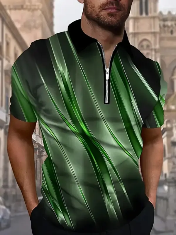 Men's Vintage Green Striped Polo Shirt With Zipper Detail - Pragmaace.com 