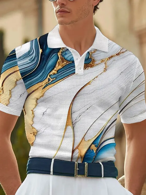 Men's Vintage Elegant Blue And Gold Abstract Polo Shirt - Pragmaace.com 