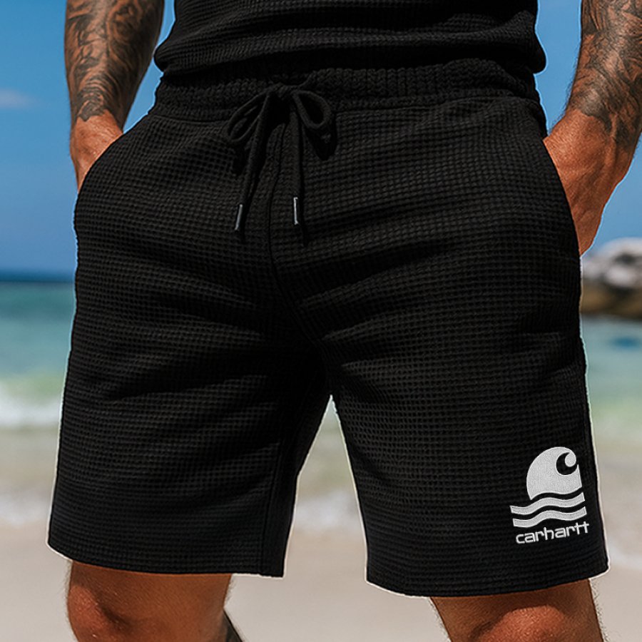 

Men's Casual Embroidery Waffle Drawstring Elastic Waist Shorts Black