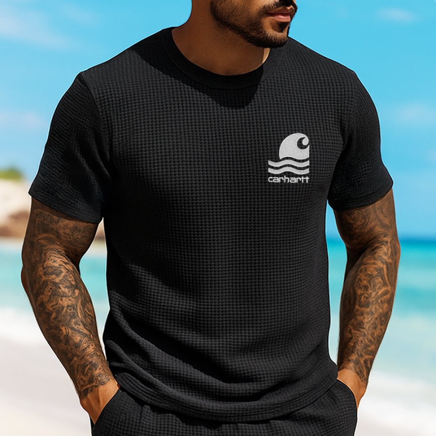 

Men's Casual Embroidery Logo Waffle T Shirt Black