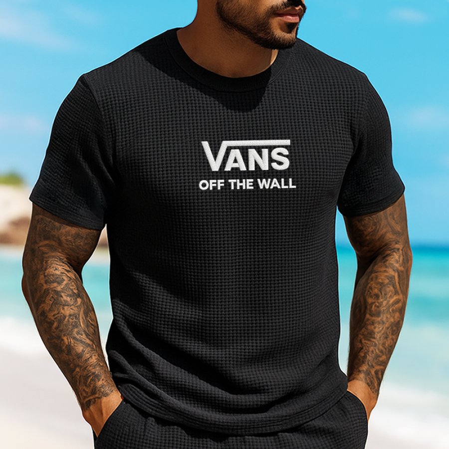 

Men's Casual Embroidery Off The Wall Breathable Waffle T-Shirt Black