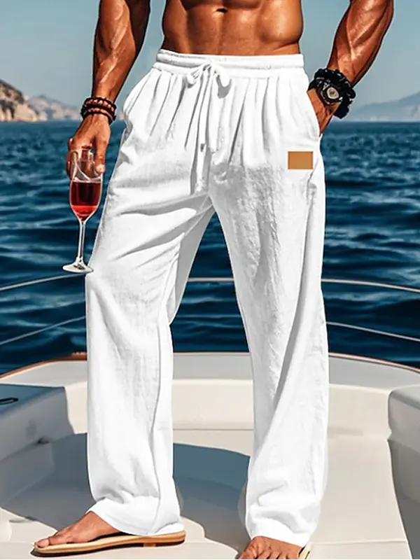 Men's Linen Leather Lable Beach Drawstring Elastic Waist Straight Leg Plain Comfort Breathable Pants White - Wantbright.com 