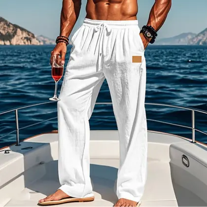 Men's Linen Leather Lable Beach Drawstring Elastic Waist Straight Leg Plain Comfort Breathable Pants White