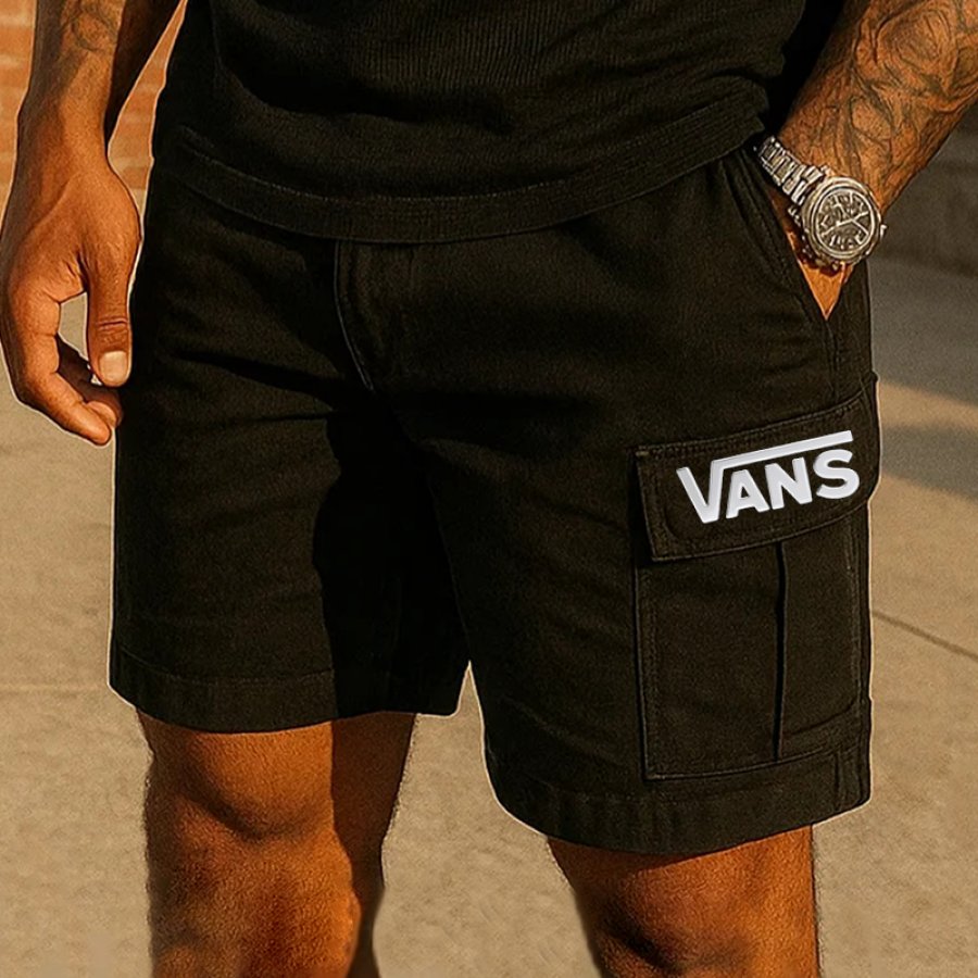 

Men's Casual Off The Wall Print Cargo Shorts Black