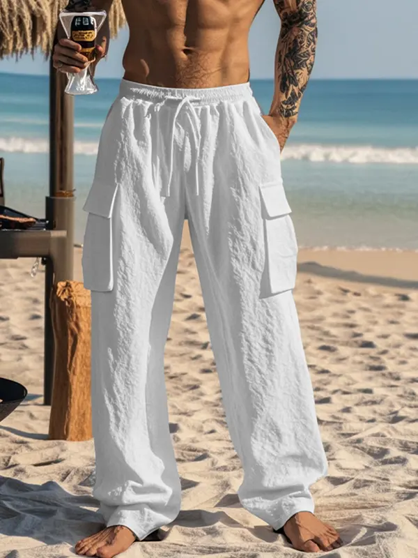 Men's Cargo Linen Beach Drawstring Elastic Waist Multi Pocket Pants Trousers - Wantbright.com 