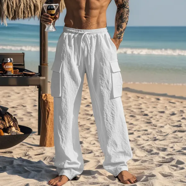 Men's Cargo Linen Beach Drawstring Elastic Waist Multi Pocket Pants Trousers - Ootdyouth.com 