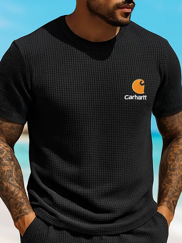 Carhartt Men's Casual Embroidery Waffle Comfort Breathable Black T Shirt - Menwyx.com 