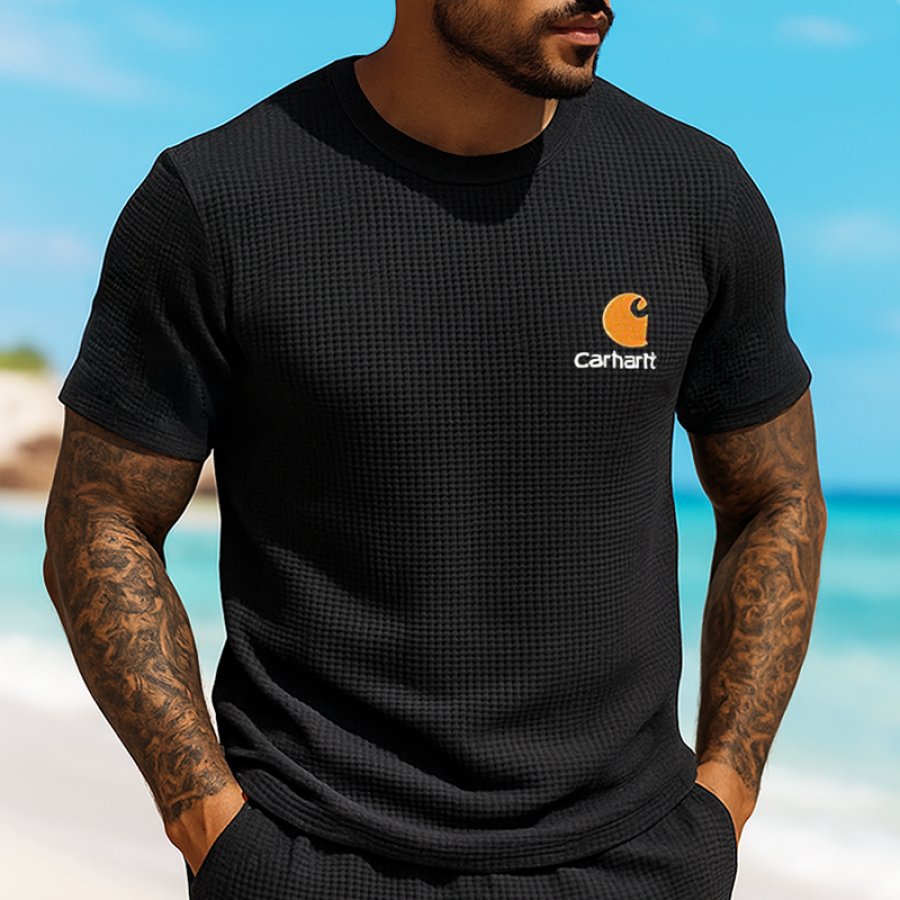 

Men's Casual Embroidery Waffle T Shirt Comfort Breathable Black
