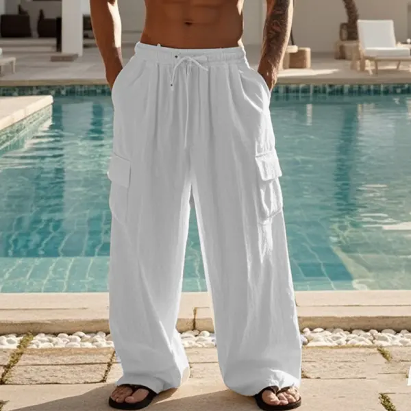 Men's Casual Linen Comfortable Cargo Drawstring Elastic Waist Multi Pocket Pants - Rabclub.com 
