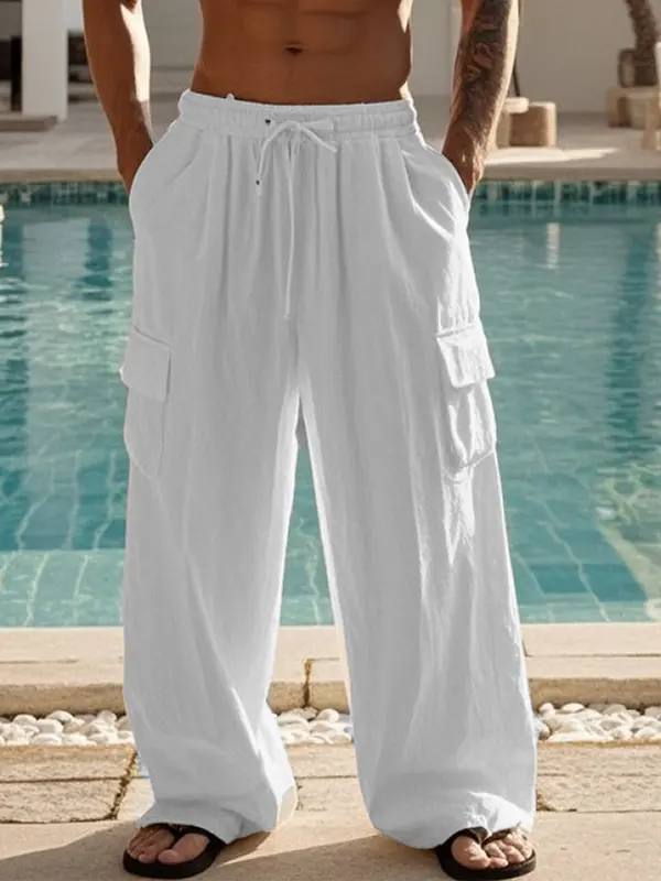 Men's Casual Linen Comfortable Cargo Drawstring Elastic Waist Multi Pocket Pants - Wantbright.com 
