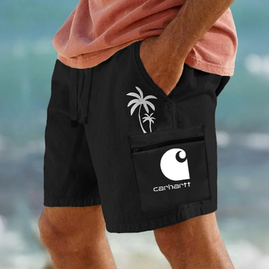 

Men's Casual Palm Tree Logo Zipper Pocket Shorts For Summer Beachwear
