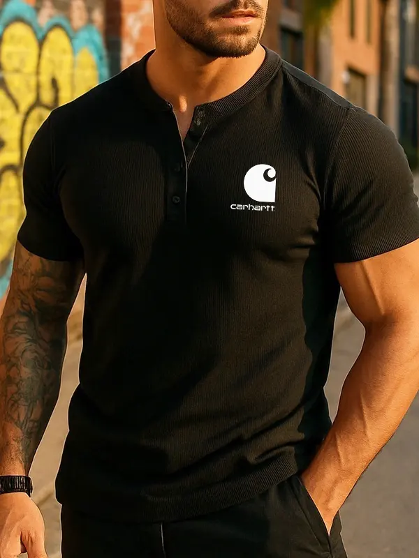 Men's Casual Henley Graphic Printing T Shirt - Menwyx.com 
