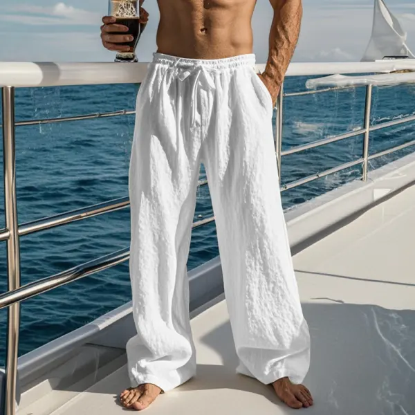Men's Casual Linen Beachside Drawstring Elastic Waist Pants Trousers - Ootdyouth.com 