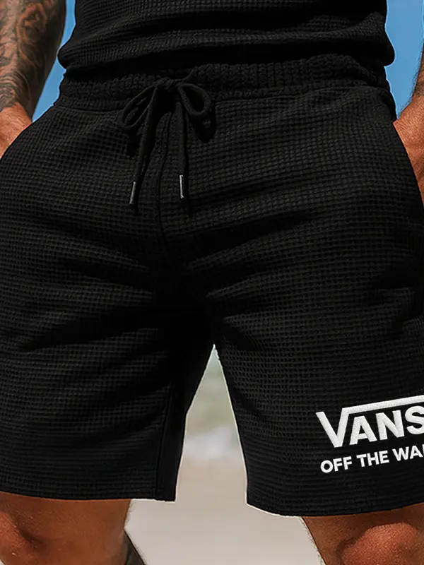 Vans Men's Casual Embroidery Waffle Off The Wall Black Shorts - Menwyx.com 