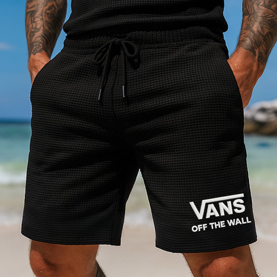 

Men's Casual Embroidery Waffle Off The Wall Drawstring Elastic Waist Shorts Black