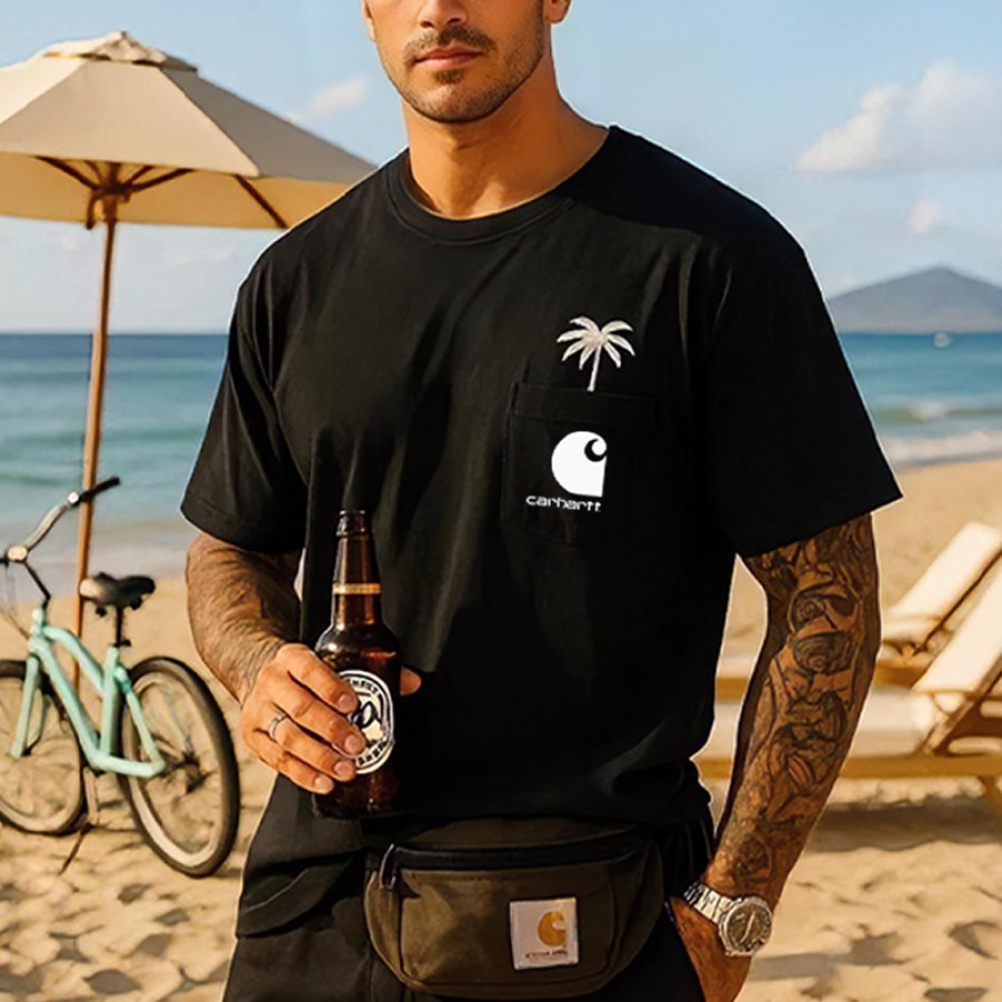 

Men's Casual Palm Tree Logo Pocket T Shirt For Summer Beachwear