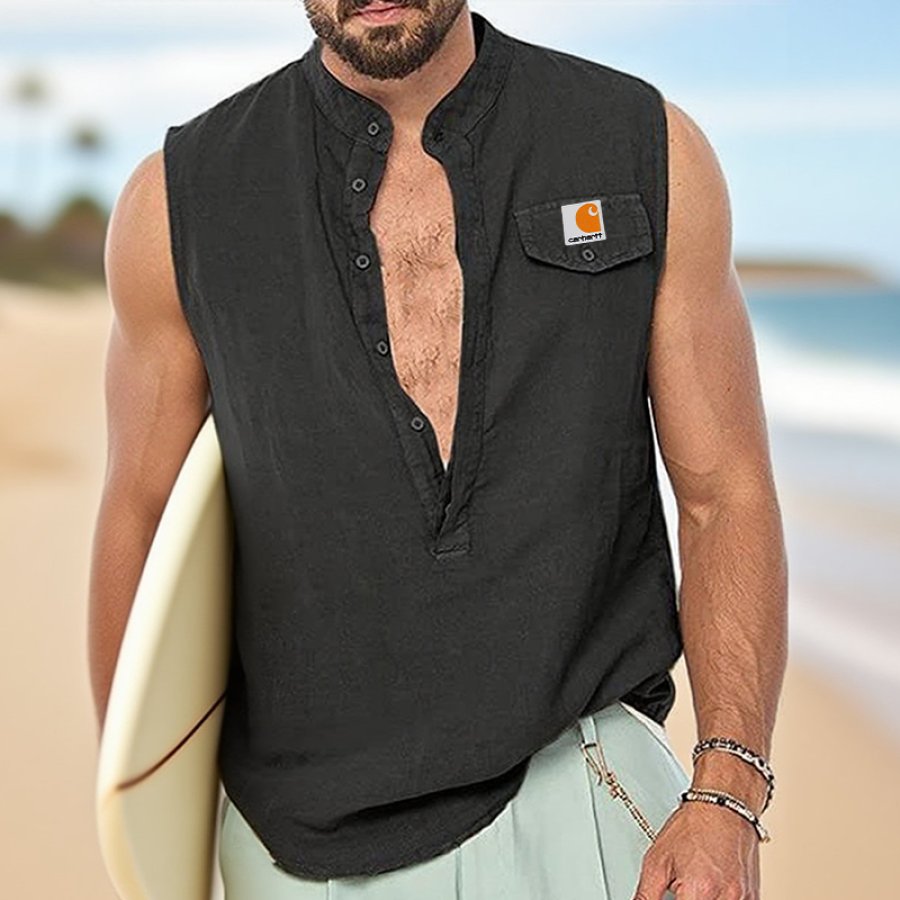 

Men's Linen Sleeveless Henley Vest Tank Top For Beach Style