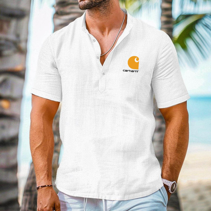 

Men's Vintage Cotton Linen White Beach Surfing Print Henley Short Sleeve Shirt For Casual Summer Style