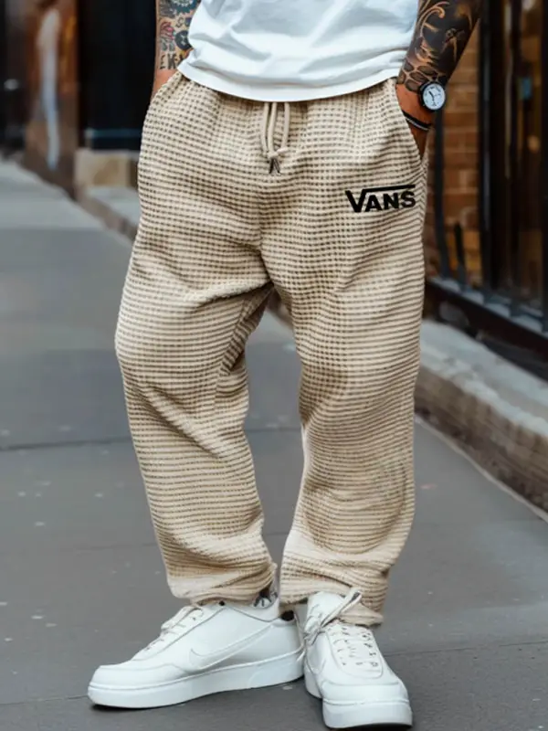 Vans Men's Vintage Surfing Off The Wall Print Beige Waffle Knit Casual Pants - Wantbright.com 