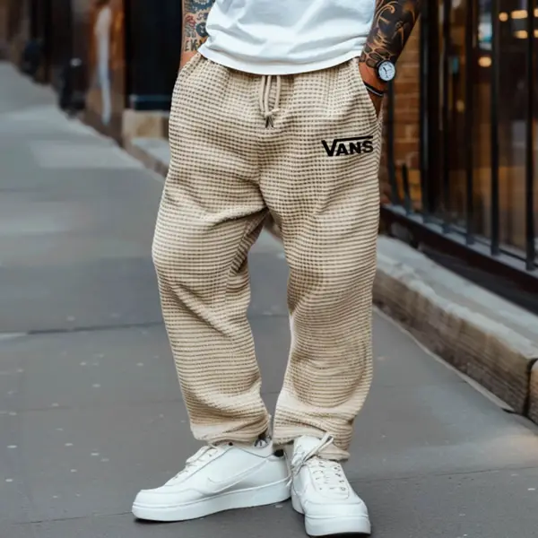 Men's Vintage Surfing Off The Wall Print Beige Waffle Knit Casual Pants - Ootdyouth.com 