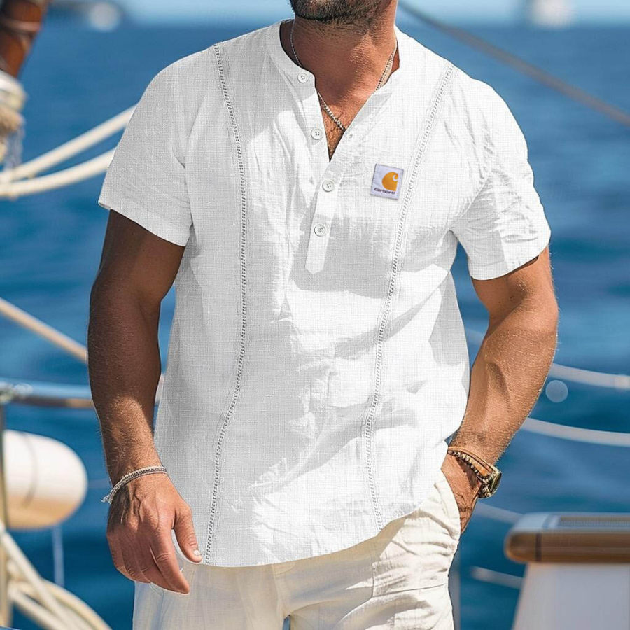 

Men's Vintage White Beach Surfing Linen Henley Short Sleeve Shirt For Casual Summer Style