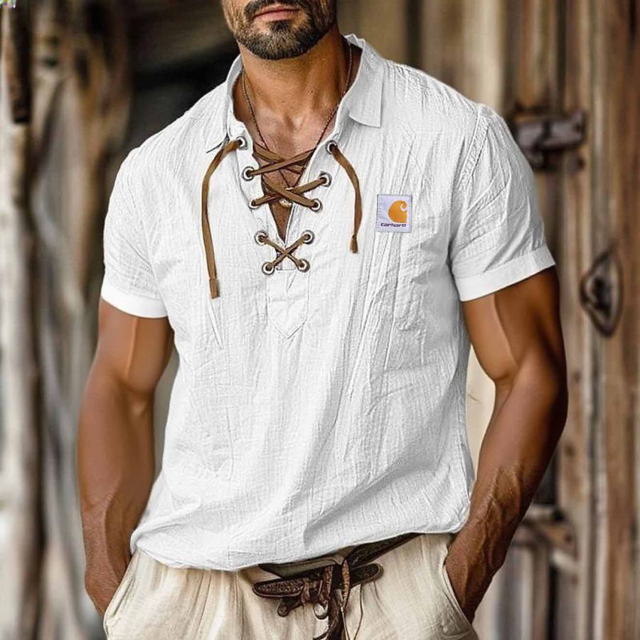 

Men's Vintage Surfing Cotton Linen White Lapel Lace-Up Short Sleeve Shirt