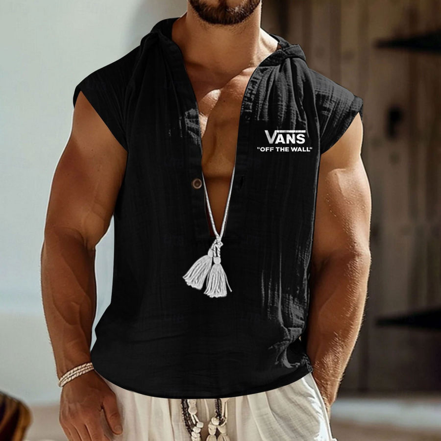 

Men's Vintage Surfing Cotton Linen Off The Wall Button Hooded Sleeveless Shirt