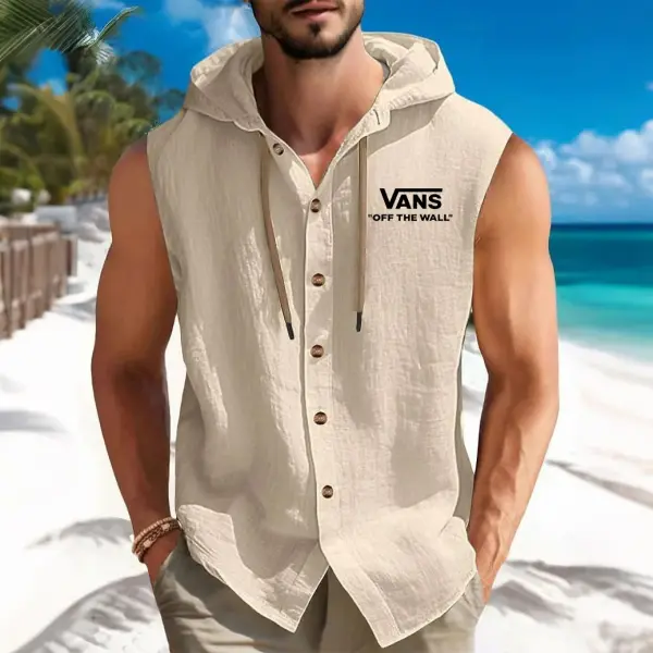 Men's Vintage Surfing Cotton Linen Off The Hooded Vest Sleeveless Shirt - Wayrates.com 