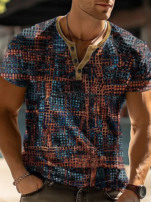 Men's Vintage Blue And Brown Patterned Henley Shirt - Simplyion.com 