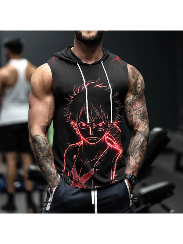 Men's Sports Fitness Anime Logo Pirate Straw Hat Printed Casual Hooded Vest - Aptkoi.com 