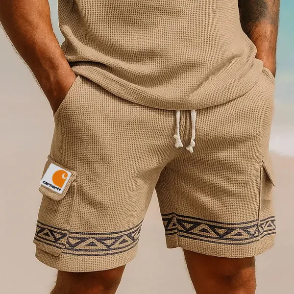 Men's Casual Waffle Geometric Pattern Cargo Shorts For Summer Beachwear Khaki - Wayrates.com 