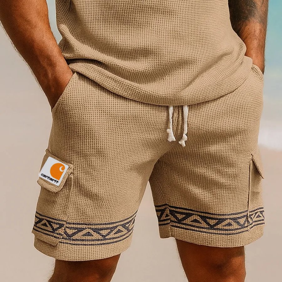 

Men's Casual Waffle Geometric Pattern Cargo Shorts For Summer Beachwear Khaki