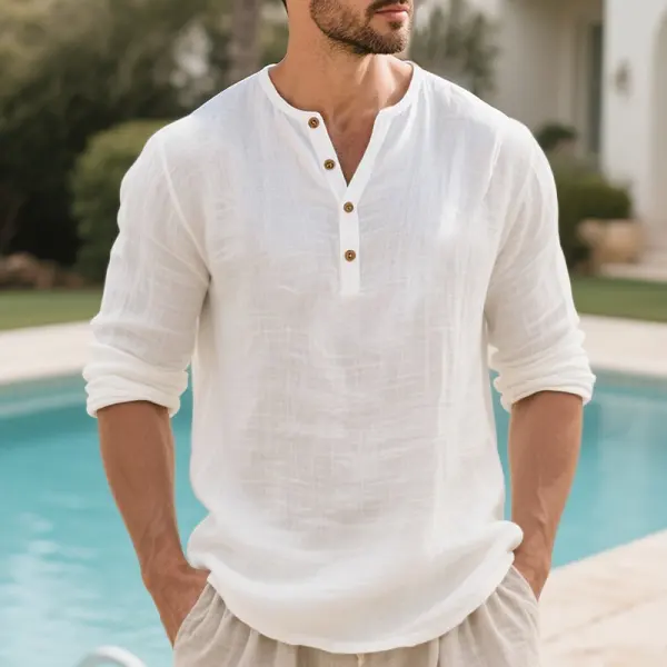 Men's Casual Linen Holiday Henley Long Sleeves Shirt White - Wayrates.com 