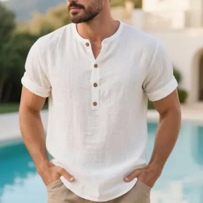Men's Casual Linen Henley Short Sleeves Shirt For Surfing Beach
