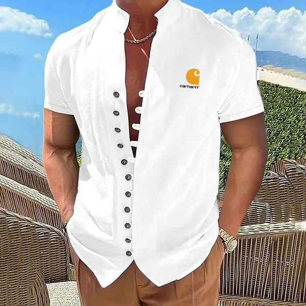 Men's Outdoor White Linen-Blend Beach Surfing Button-Up Short Sleeve Shirt - Wayrates.com 