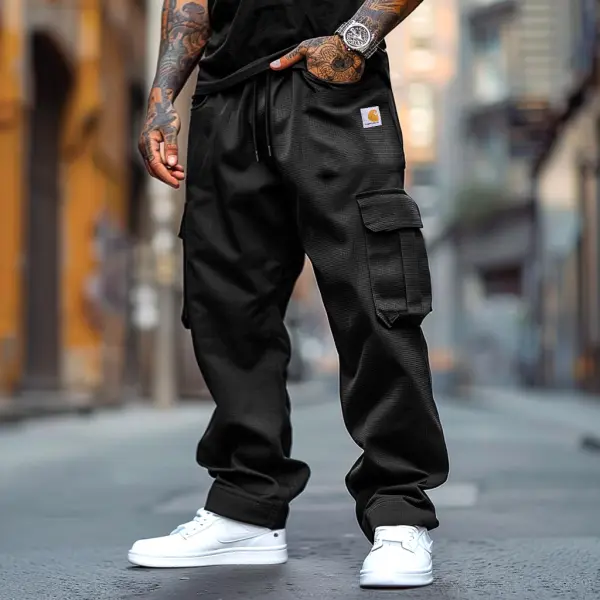 Men's Vintage Outdoor Black Waffle Knit Surfing Cargo Pants With Side Pockets - Ootdyouth.com 
