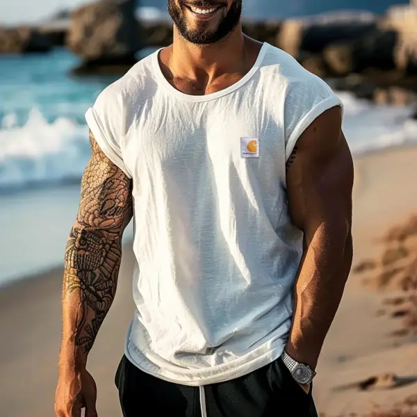 Men's Outdoor White Cotton And Linen Beach Sleeveless Vest Top - Wayrates.com 