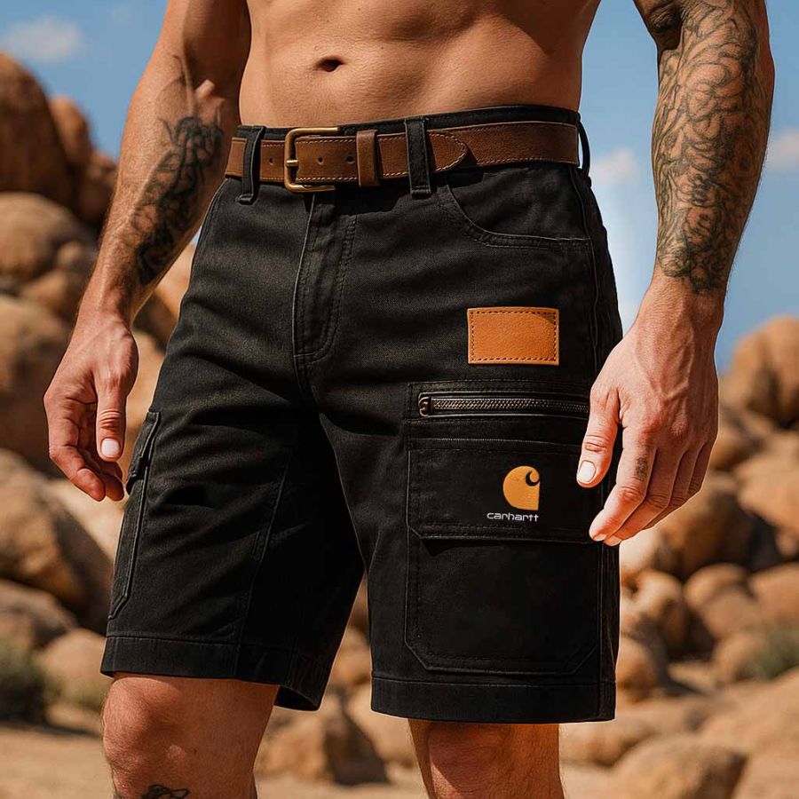 

Men's Vintage Surfing Embroidered Multi-Pocket Black Cargo Shorts