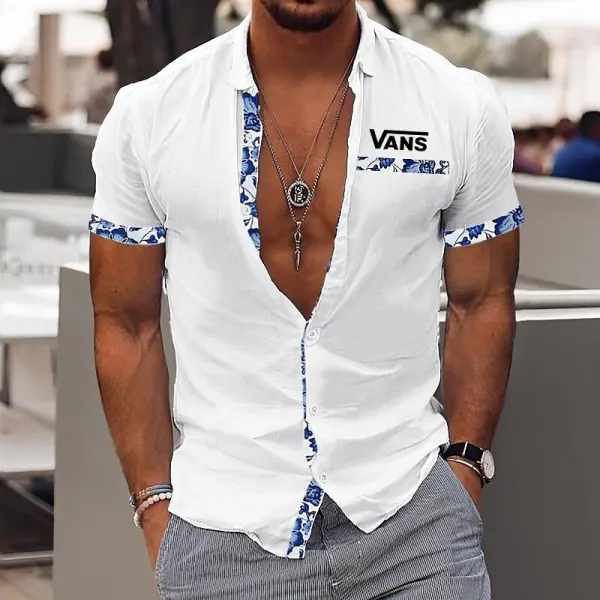 Men's Outdoor White Cotton And Linen Floral Print Pocket Short Sleeve Lapel Shirt - Wayrates.com 