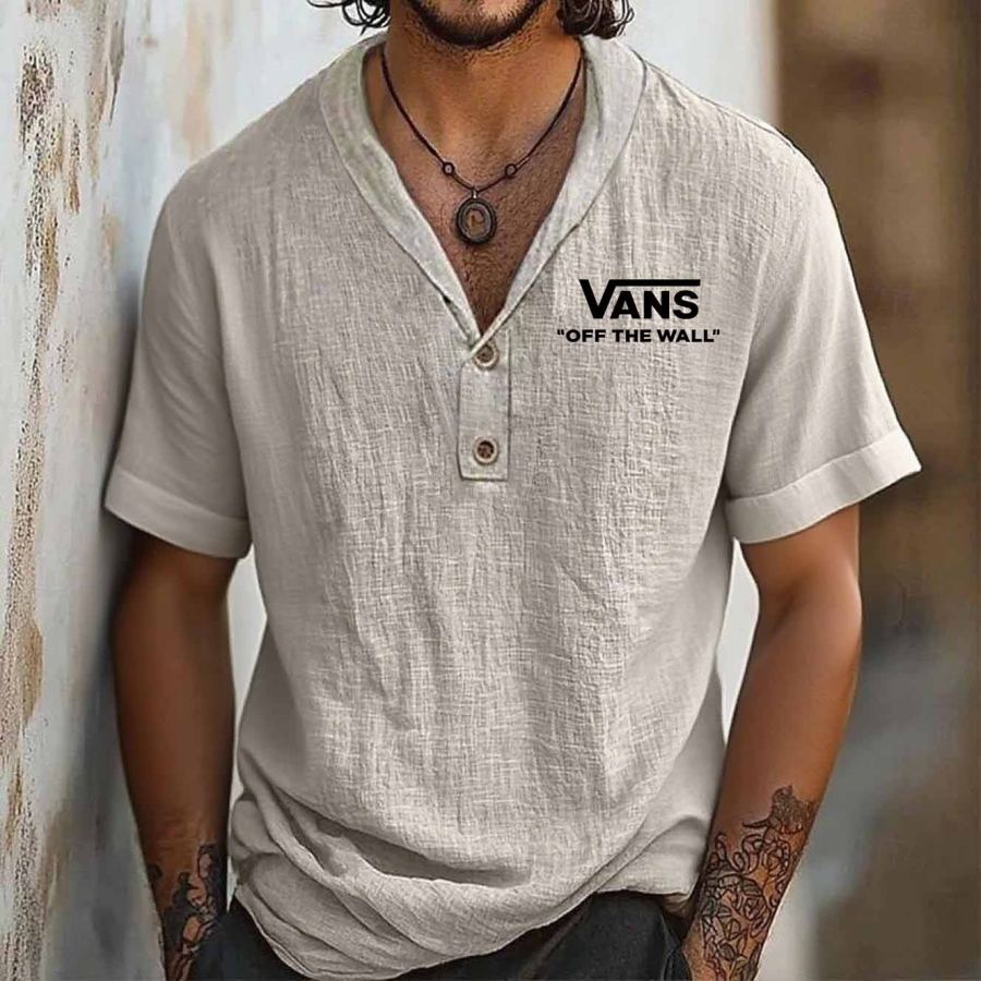 

Men's Vintage Khaki Linen Surf Beach Henley Lapel Short Sleeve Shirt