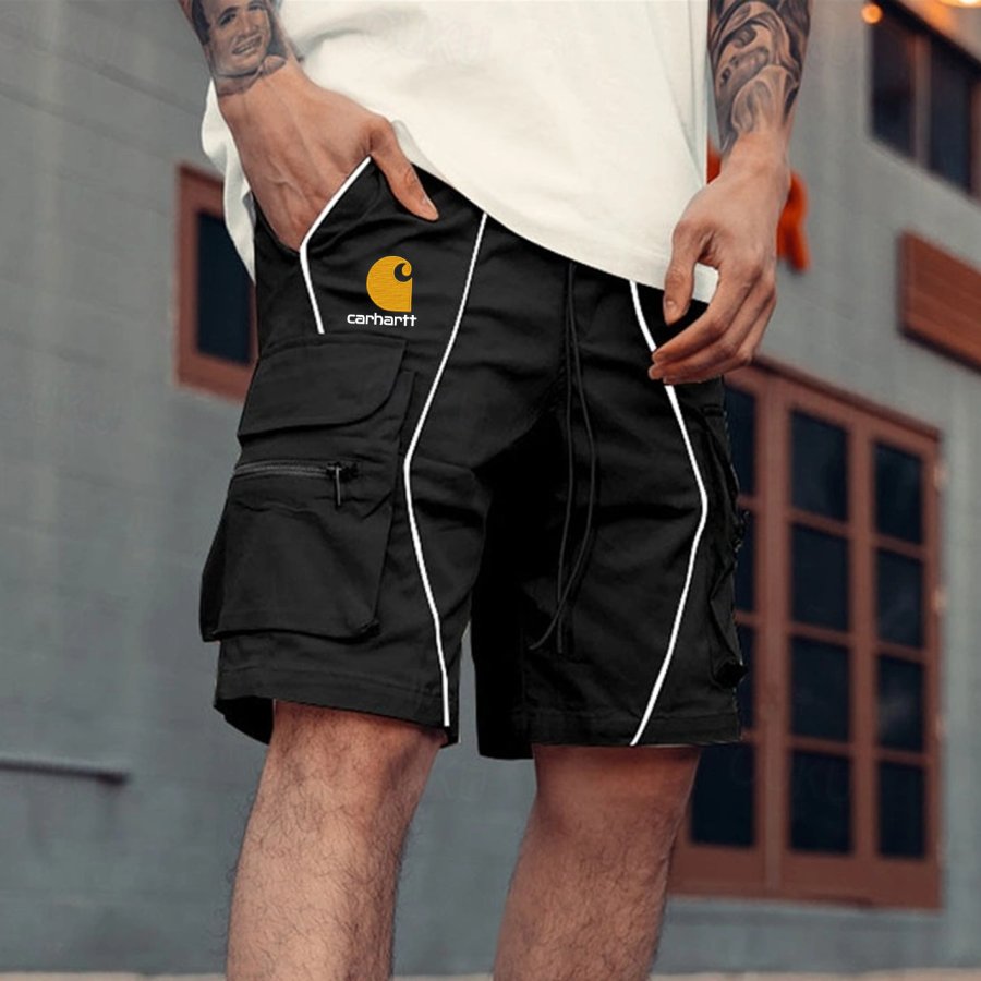 

Men's Vintage Black Cargo Shorts With White Stripes