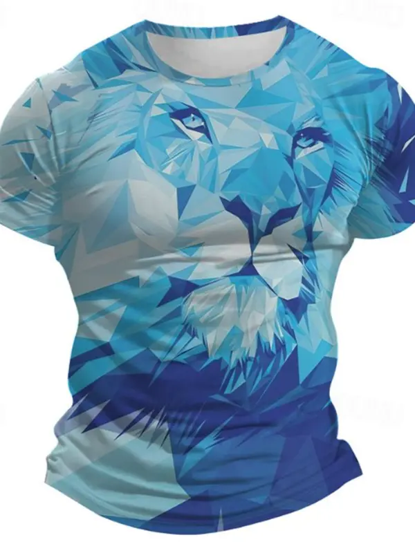 Men's Vintage Blue Geometric Lion Print T-Shirt - Pragmaace.com 