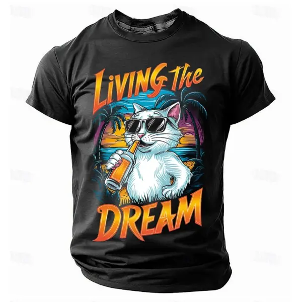 Men's Vintage Living The Dream: Cat With Sunglasses And Beer Tee - Upgradecool.com 