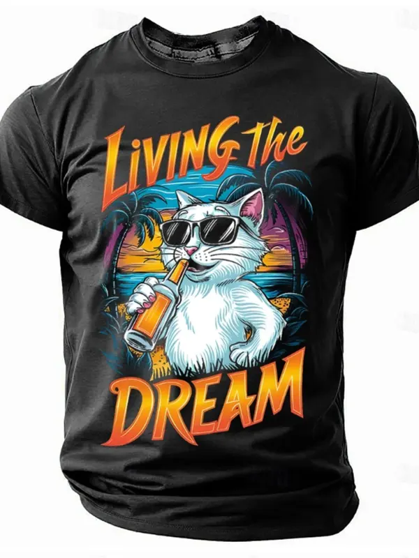 Men's Vintage Living The Dream: Cat With Sunglasses And Beer Tee - Pragmaace.com 